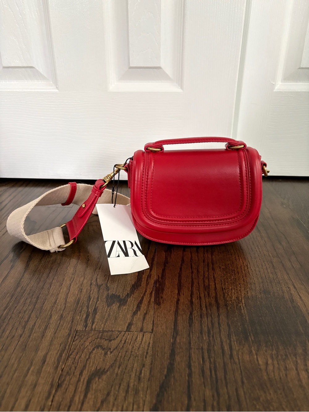 ZARA Red Leather Saddle Crossbody with Wide Beige Strap